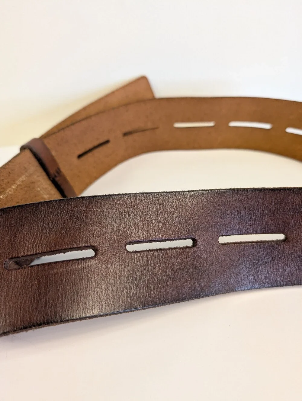 CAbi Here or There Belt 3298 Medium Brown Leather Wide Slotted Brass 45”